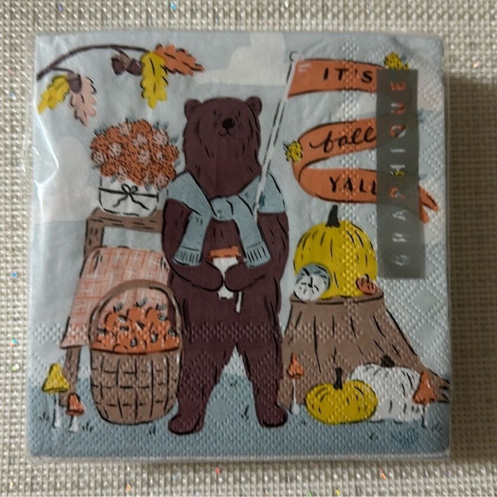 GRAPHIQUE 40 Fall Harvest Bear Pumpkins Square Blue Brown Cocktail Napkins